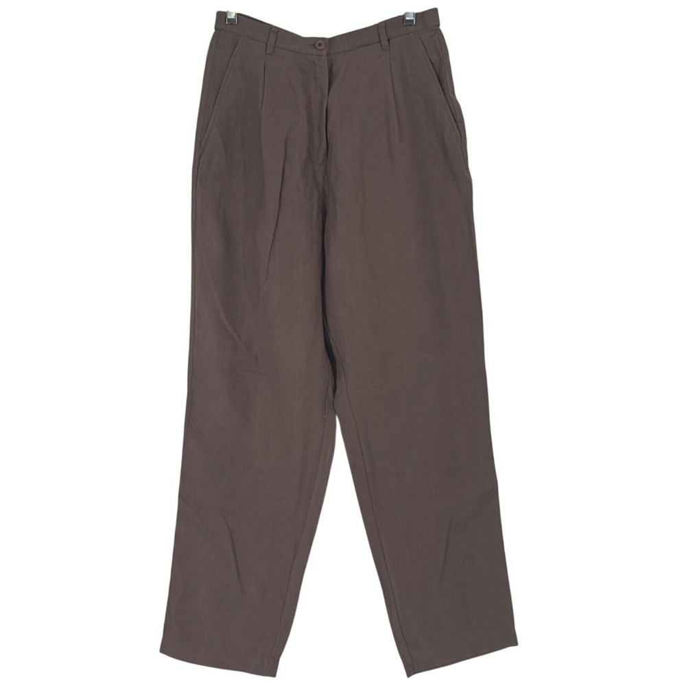 Nordstrom WN68727 Womens Pleated 100% Linen Trousers 10 Brown Elastic Waist